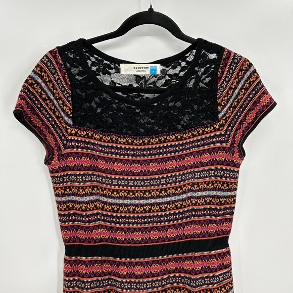 ANTHROPOLOGIE Sparrow Lambswool Faire Isle Stripe Lace Knit Sweater Dress Small - Picture 4 of 8